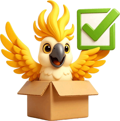 Herald, un cacatoès jaune, sort d'une boîte en carton avec sa liste de courses.